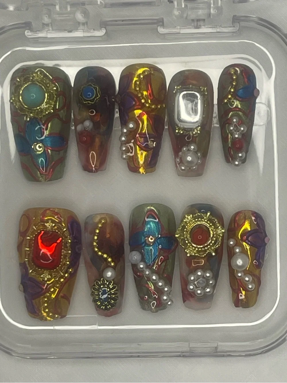 3D Jeweled Multicolor Handmade Press-On Nail Set